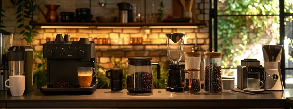 a sleek and modern kitchen countertop showcases an array of brewing equipment—french press, pour-over dripper, and espresso machine—surrounded by rich coffee beans and steaming mugs, radiating a warm, inviting ambiance perfect for elevating your coffee experience.