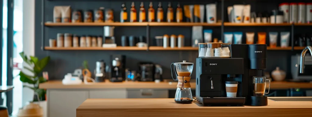 a sleek, modern office workspace showcases a vibrant array of coffee subscription products neatly displayed alongside a stylish coffee maker, emphasizing convenience and customization amidst a backdrop of organized efficiency.