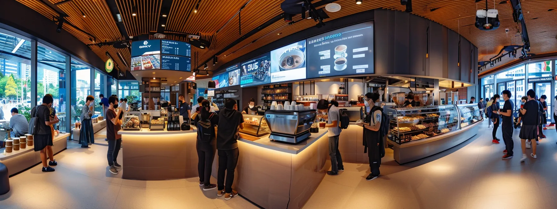 a vibrant coffee shop interior bustles with excitement as baristas serve steaming cups of coffee to customers, showcasing a sleek digital display announcing the grand launch of their online coffee platform.