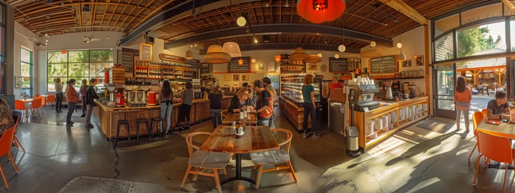 a vibrant coffee shop interior buzzes with energy as patrons enthusiastically share and discuss their coffee experiences at communal tables, surrounded by shelves of beans and brewing equipment that inspire a sense of community and creativity.
