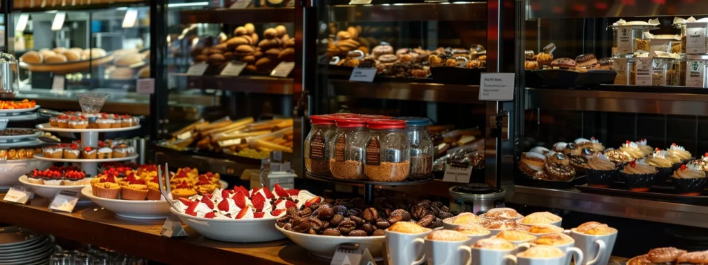a vibrant coffeehouse setting showcases an array of elegantly arranged coffee cups paired with various enticing dishes, highlighting the perfect balance between light roasts and breakfast items, dark roasts with decadent desserts, and colorful flavored coffees alongside boldly spiced foods, all under warm, inviting lighting.