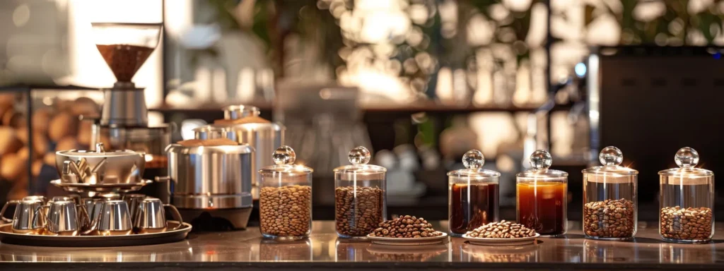 a beautifully arranged coffee tasting setup features an array of single-origin, blended, and organic coffee options, with an elegantly styled cappuccino in a modern, vibrant café setting, showcasing the rich textures and colors of freshly roasted beans.