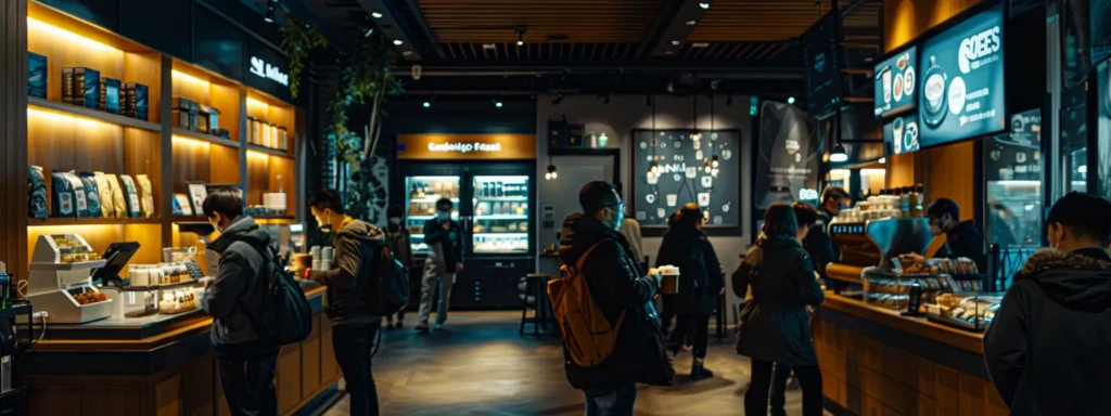 a sleek, modern café interior bustling with patrons eagerly exploring vibrant displays of freshly launched coffee blends, featuring promotional signage highlighting exclusive online offers and limited edition products.